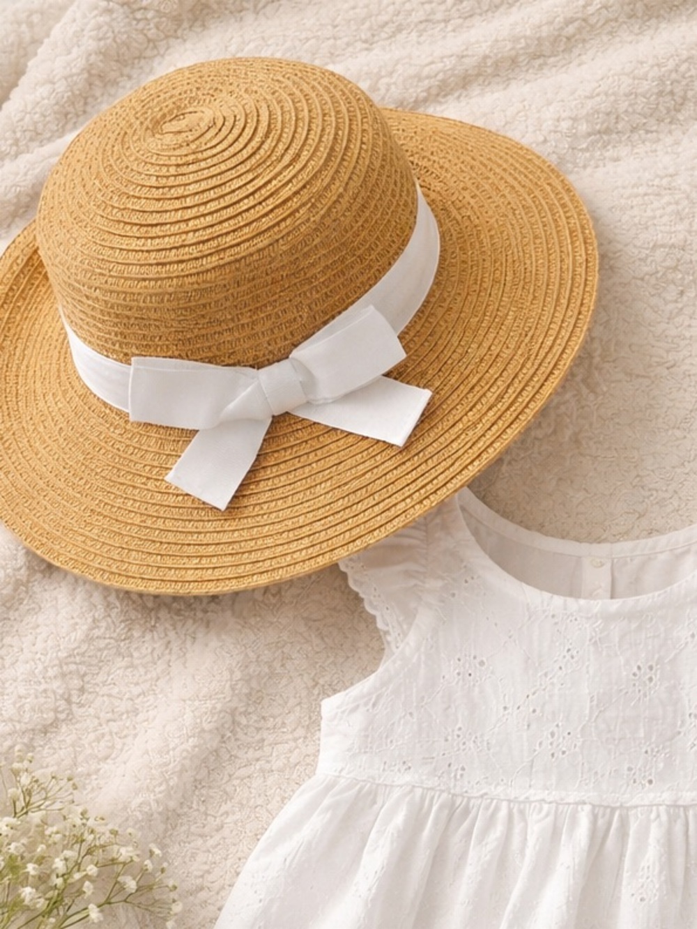 Old Navy Baby Straw Sun Hat 6-12M White Bow Wide Brim Summer Beach Hat